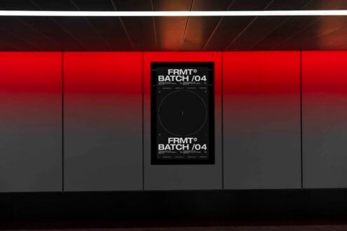 Mockup of a digital poster display in a modern setting with a red gradient wall promoting FRMT Batch 04, ideal for designers seeking futuristic design templates.