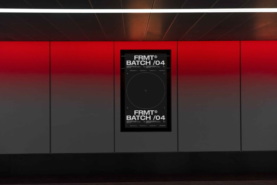 Dark poster mockup mounted on red wall in modern transit station