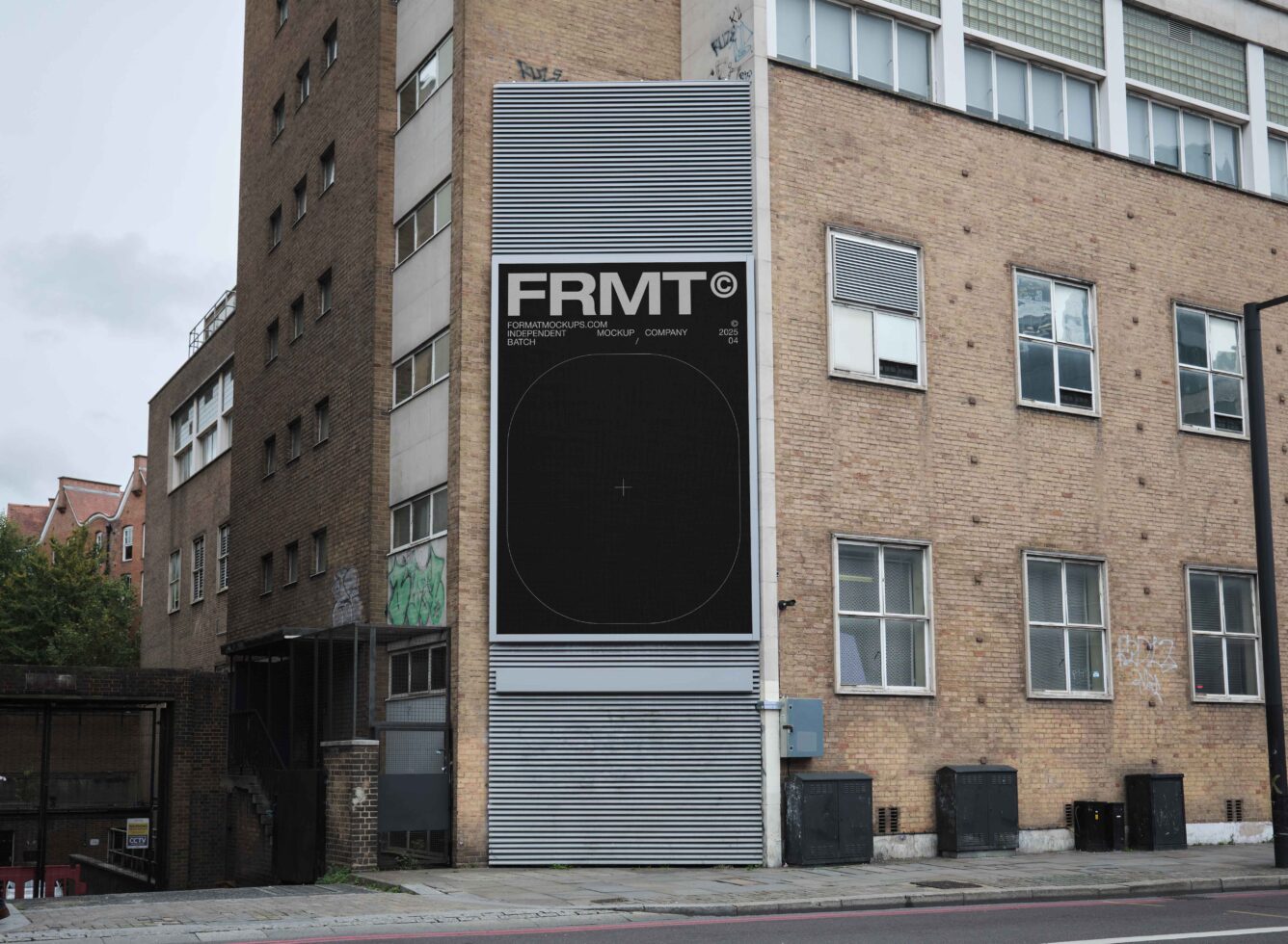 Vertical exterior sign mockup on brick building facade with FRMT logo centered