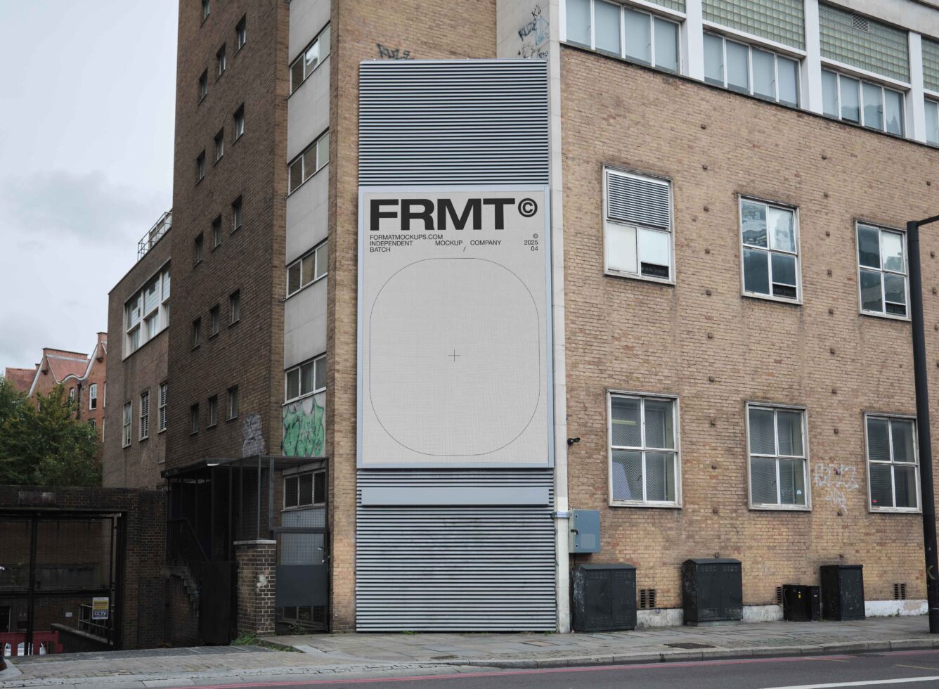 White poster mockup on brick building facade with horizontal stripe design
