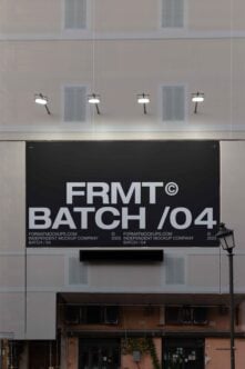 Large outdoor billboard mockup on building exterior with bold text FRMT BATCH 04 perfect for designers seeking realistic advertising presentation.