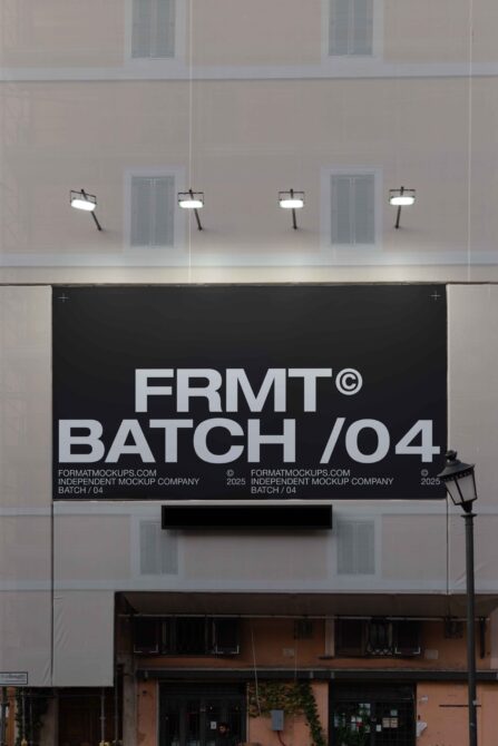 Dark horizontal signage mockup showing FRMT Batch 04 on contemporary storefront