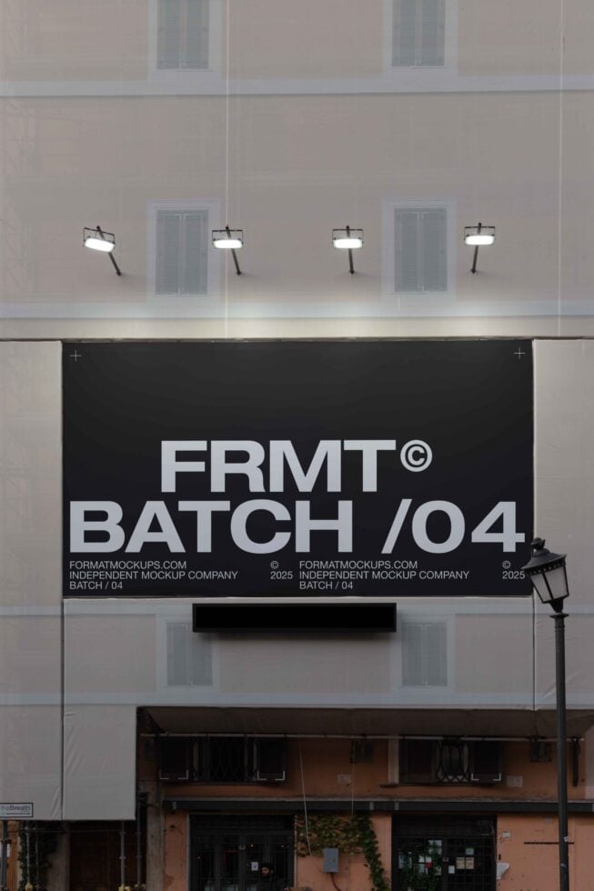 Dark horizontal signage mockup showing FRMT Batch 04 on contemporary storefront