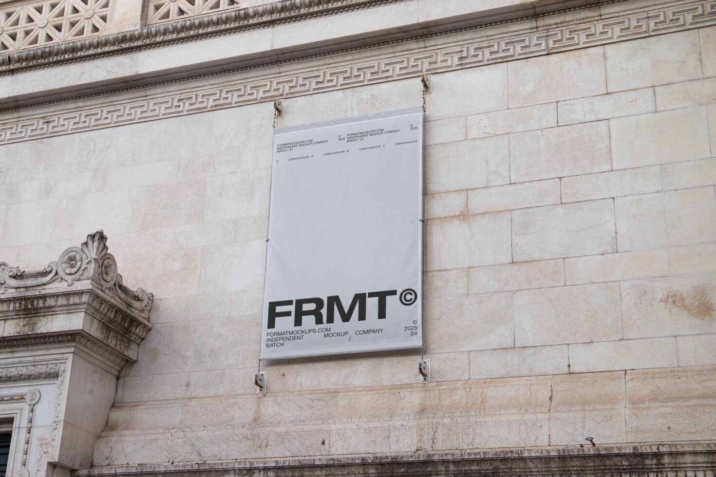 Urban wall banner mockup for designers featuring minimalist typography and classic architectural details ideal for graphic presentations and design templates.
