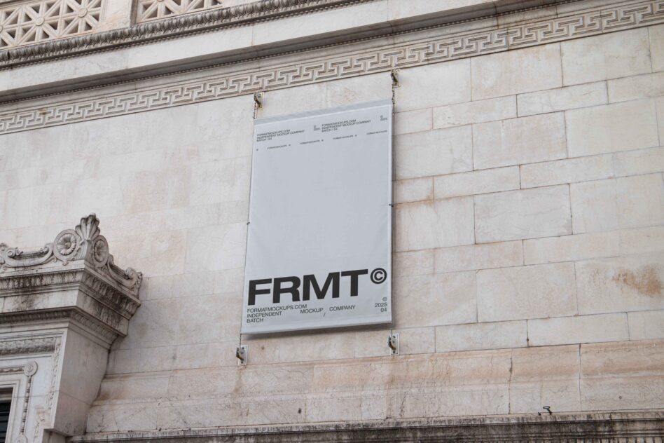 Light poster mockup clipped to classical stone building with FRMT branding visible