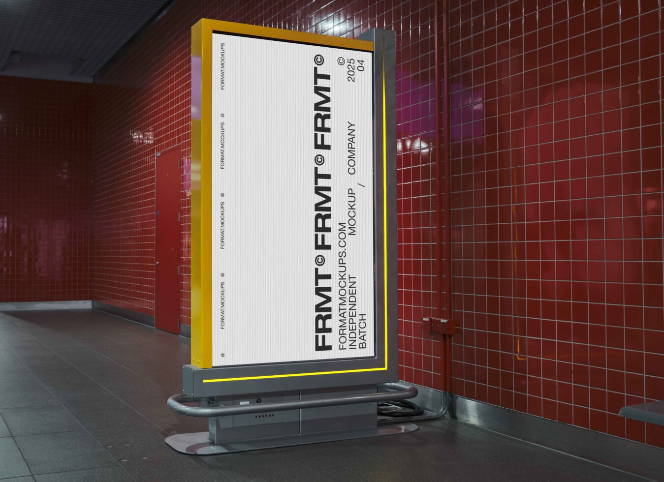 Yellow-framed street sign display in red tiled subway station mockup
