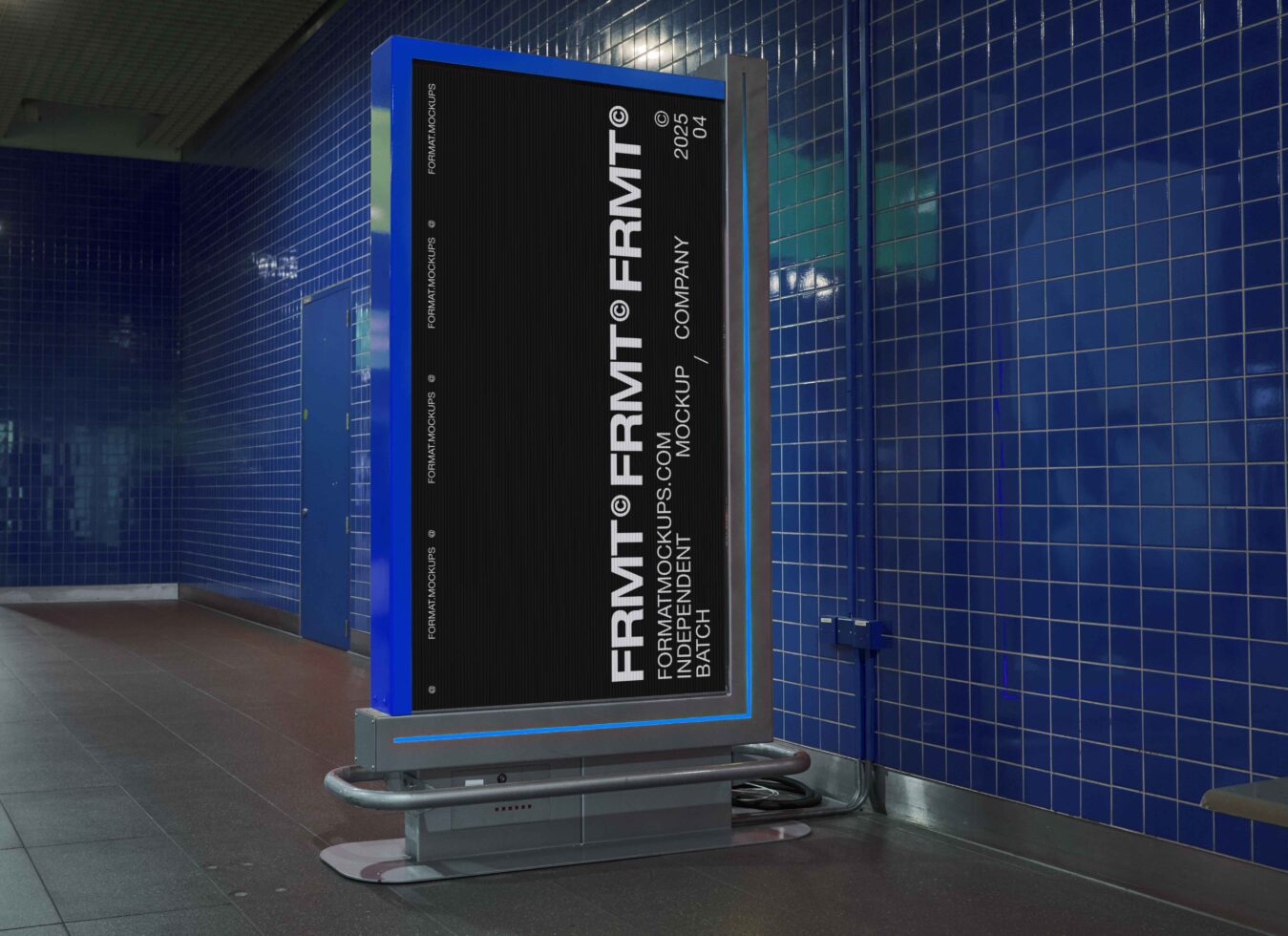 Blue-framed street sign display in tiled station corridor mockup