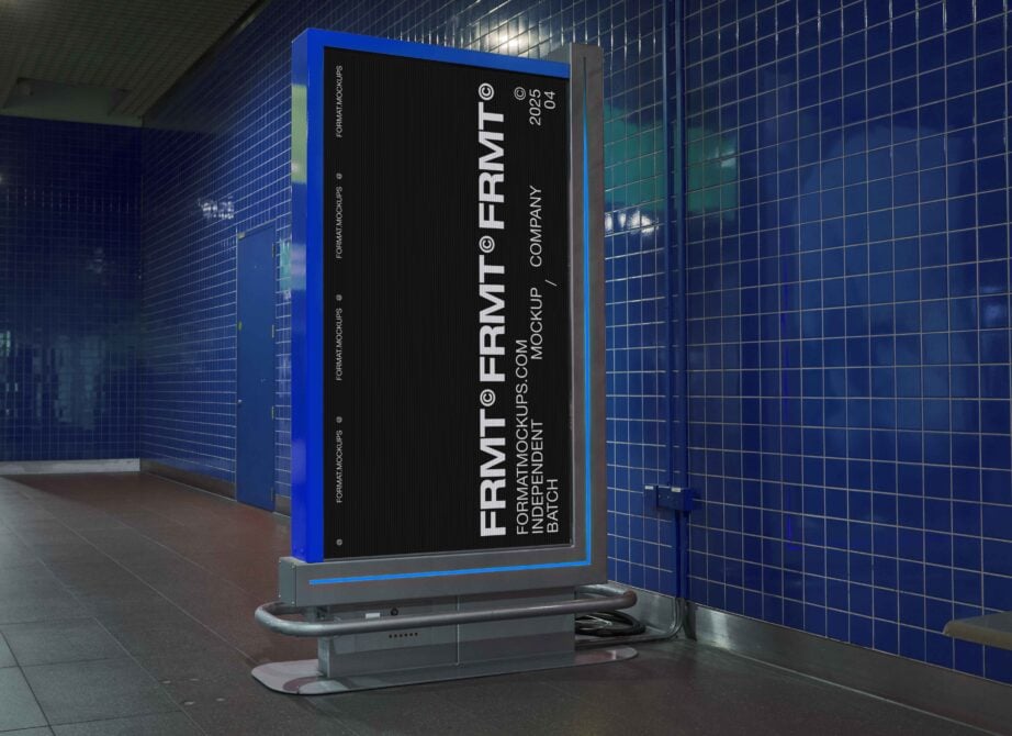 Subway billboard mockup template with blue tile wall background, ideal for presenting ads, urban graphics, or branding designs for designers.