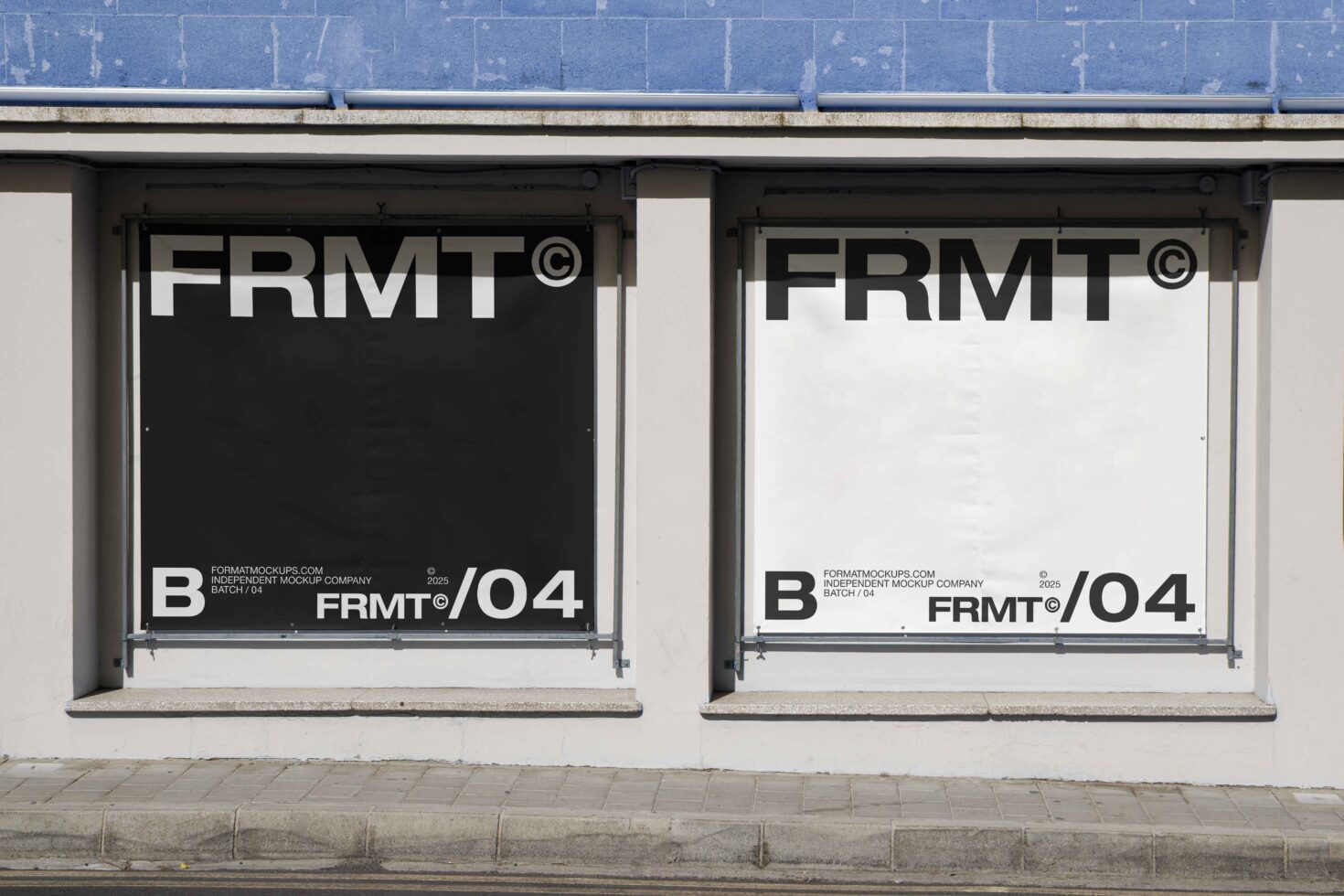 Outdoor building facade mockup with black and white FRMT banners for designers. Perfect for showcasing graphics or templates in urban settings.