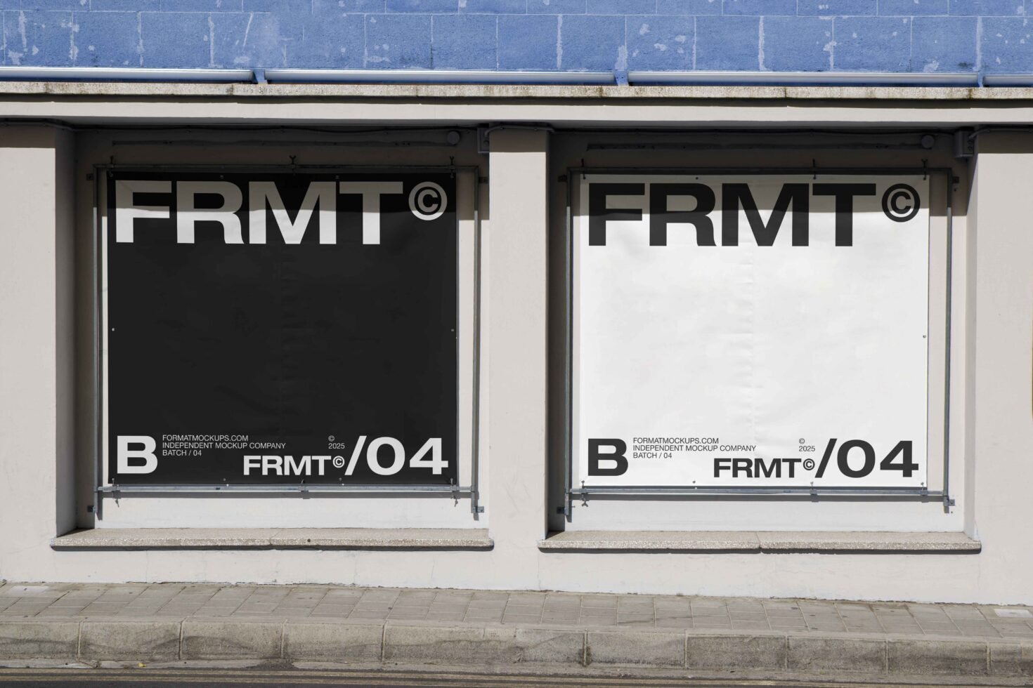 Urban storefront displaying minimalist black and white posters for FRMT mockup designs ideal for graphic designers seeking modern presentation templates.