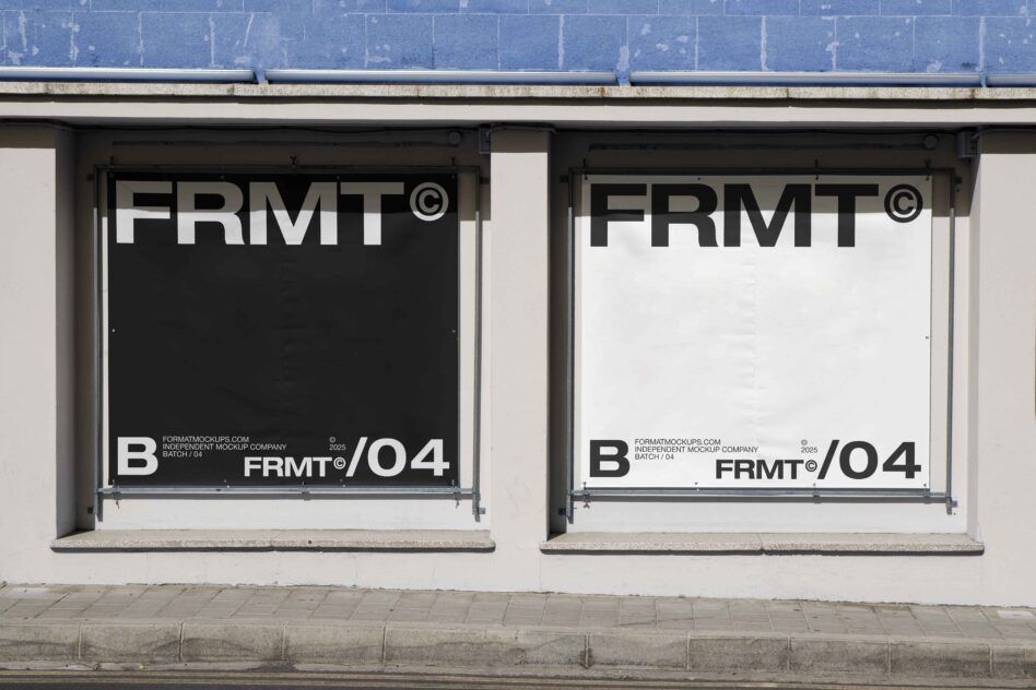 Two storefront window displays with opposite color schemes, left black right white