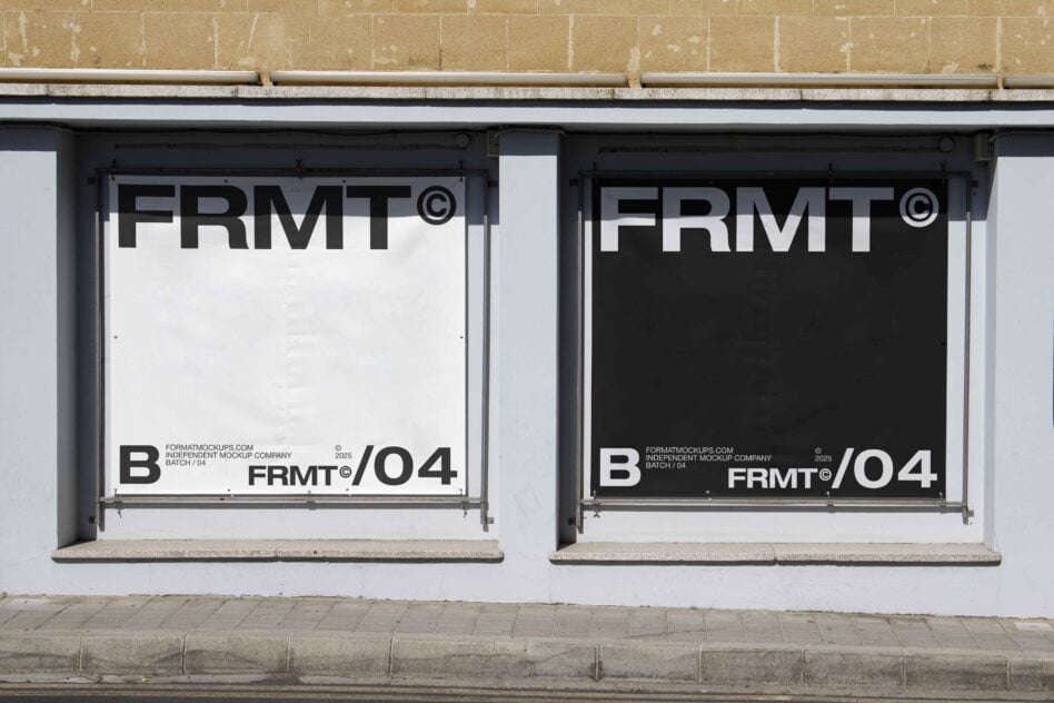 Two storefront window displays with reversed layouts, white left dark right on stone facade