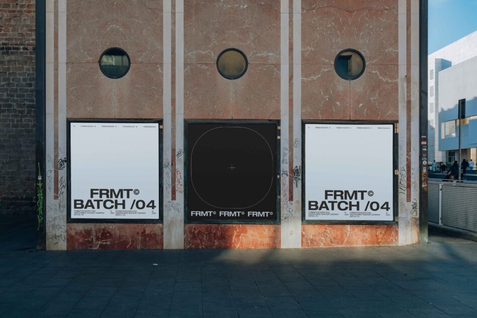 Three square outdoor poster mockups mounted on marbled building facade