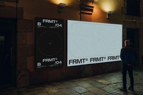 Large outdoor billboard mockup design with a person observing. Night setting urban environment. Ideal for showcasing ad layouts. Design resource.