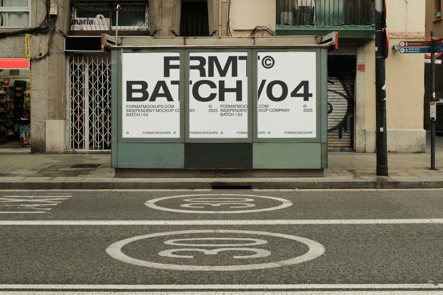Street storefront window mockup with green frame in urban setting
