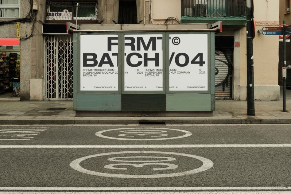 Street storefront window mockup with green frame in urban setting