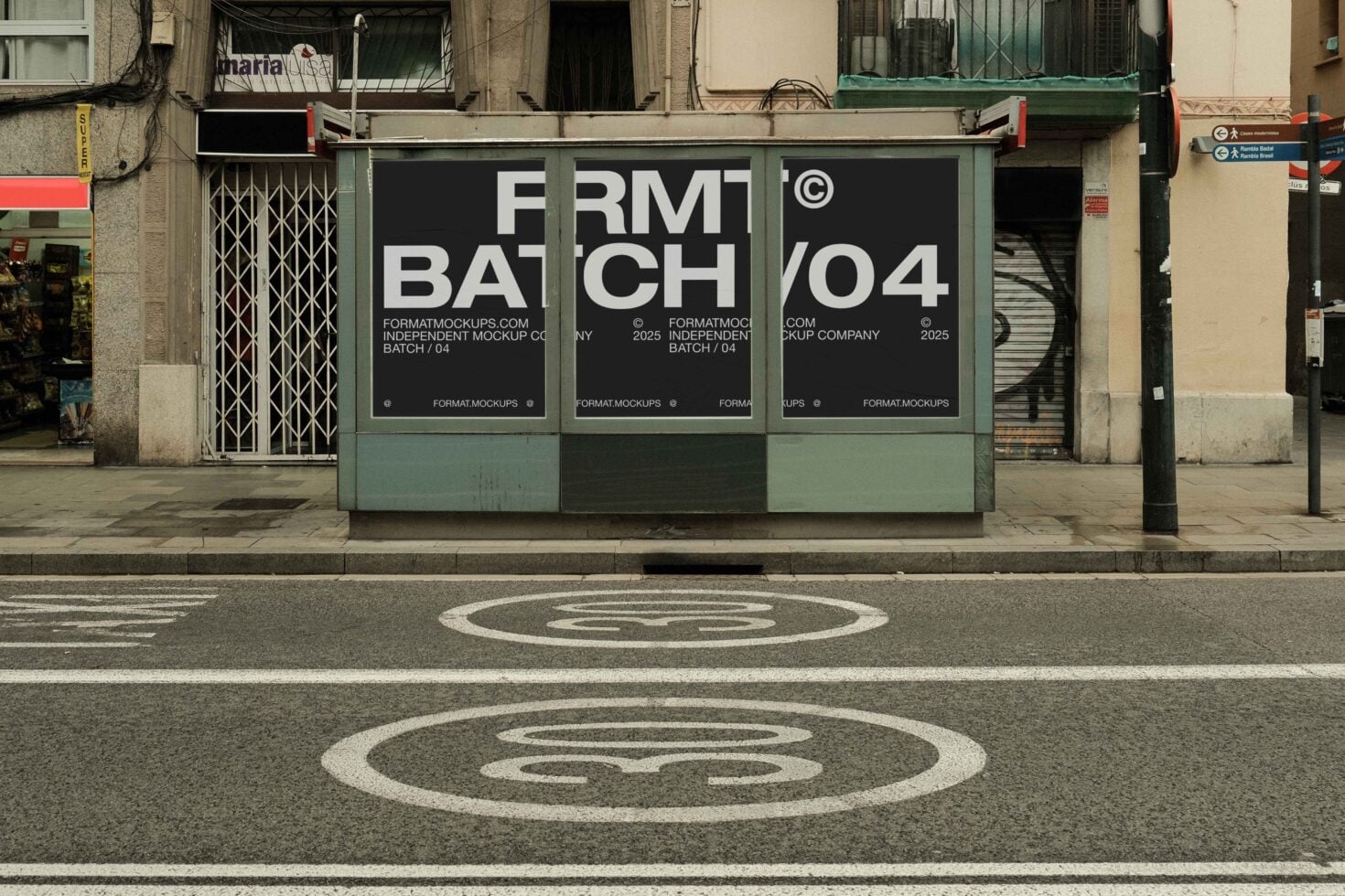 Street storefront window mockup with dark interior in urban setting