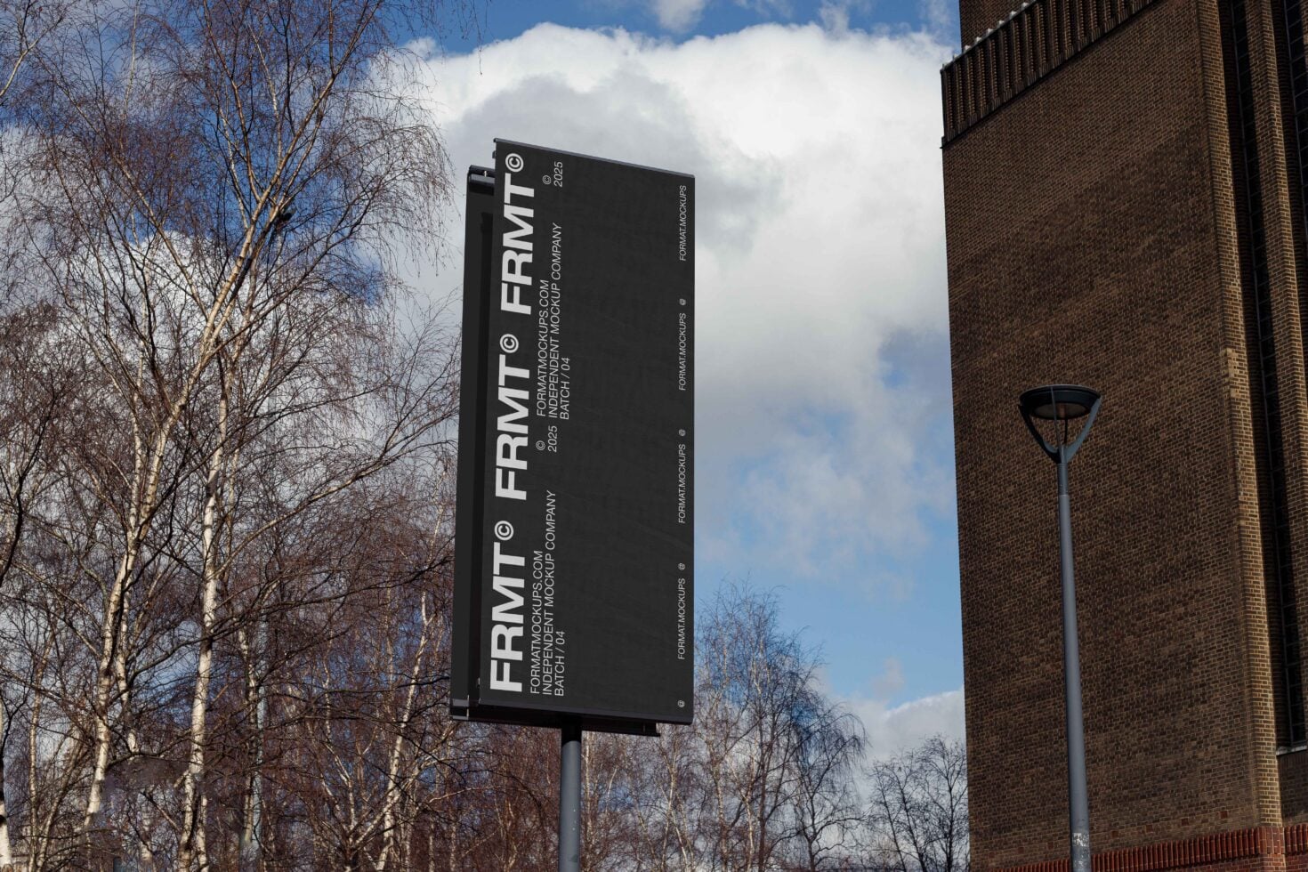 Dark billboard mockup on pole outdoor setting with brick architecture