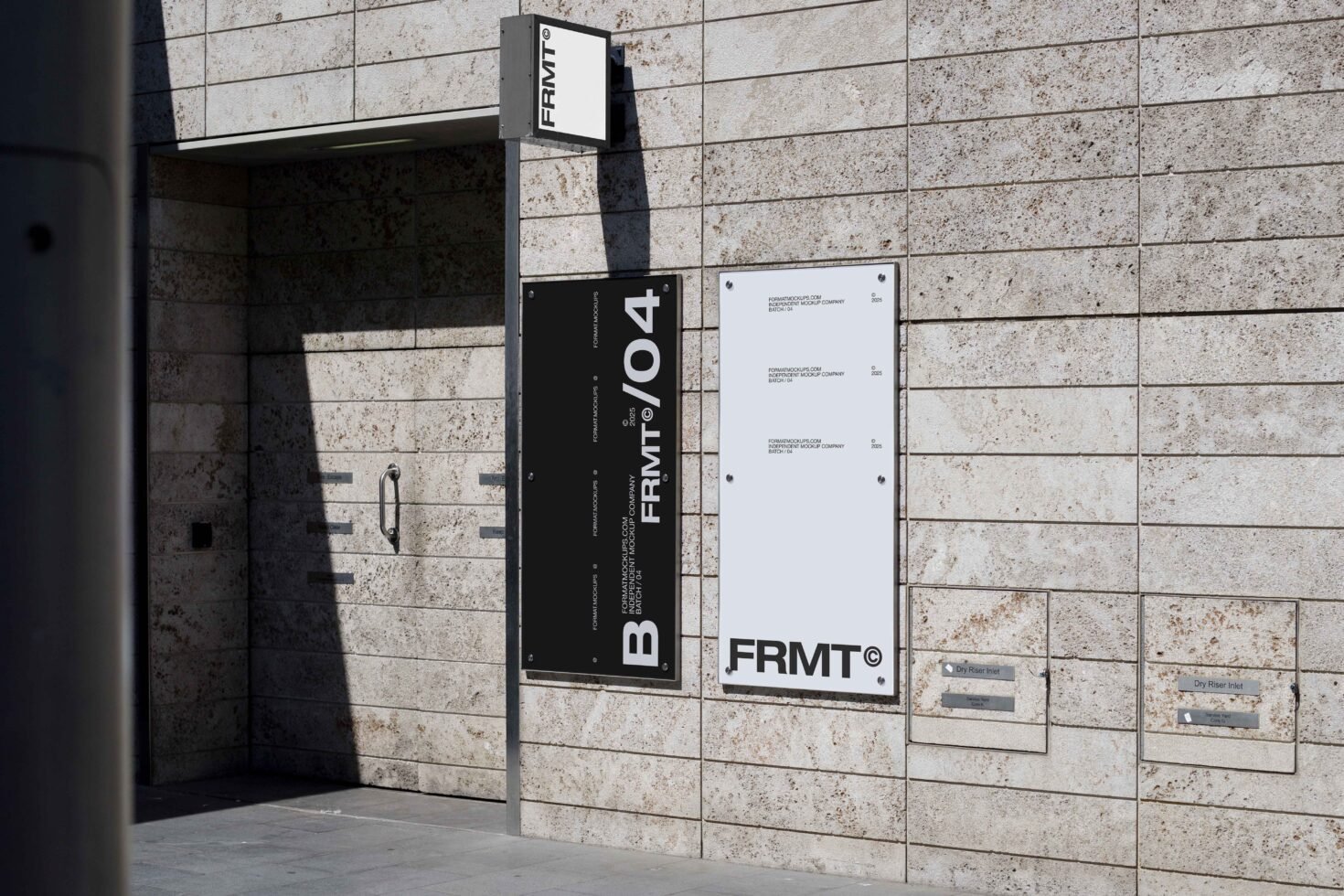 Building facade with modern sign mockup template featuring bold typography on textured stone wall. Ideal for showcasing branding and signage design.