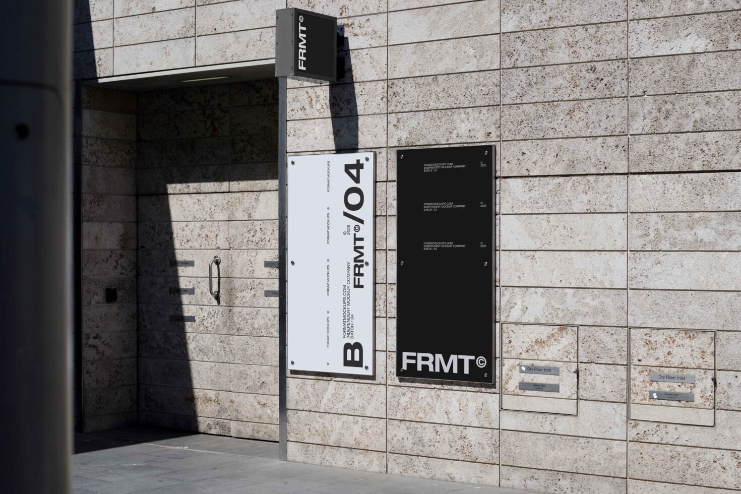 Modern building facade with minimalist signage mockup featuring large vertical text on white and black panels ideal for branding and architectural design.