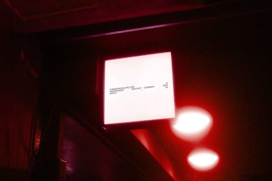 Neon glowing signage mockup in red light, cinematic late night vibe