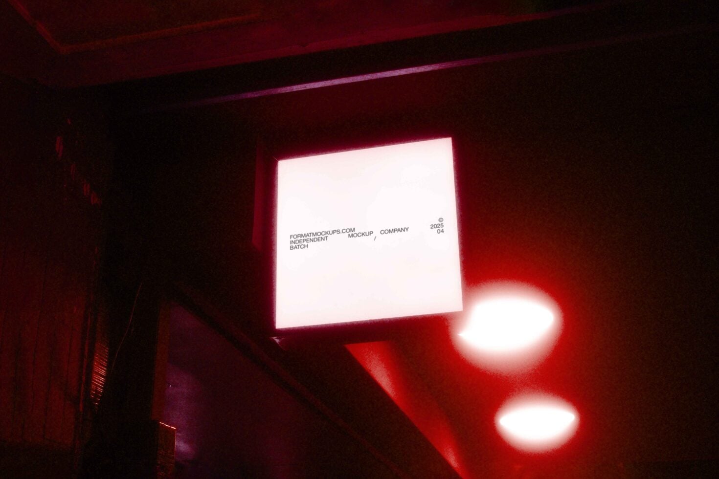 Red neon lit sign mockup with spotlights, dramatic atmospheric lighting
