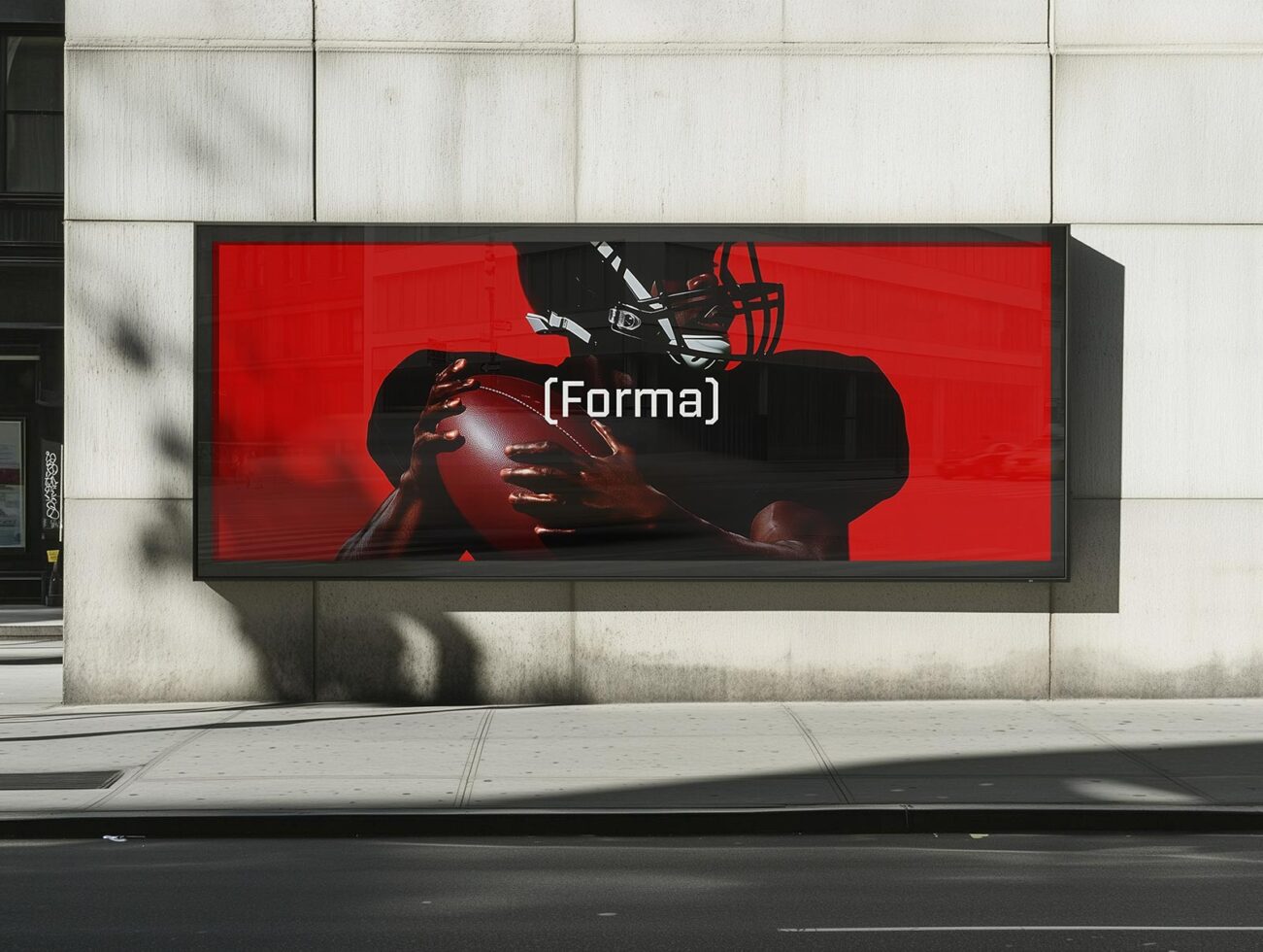 Urban billboard mockup featuring an American football theme on a red background. Ideal for designers, sports graphics, and advertisement templates.