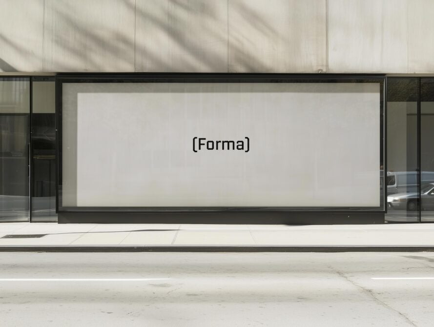 Urban storefront mockup showcasing Forma font in large display. Ideal for designers in need of typography graphics or branding templates for projects.