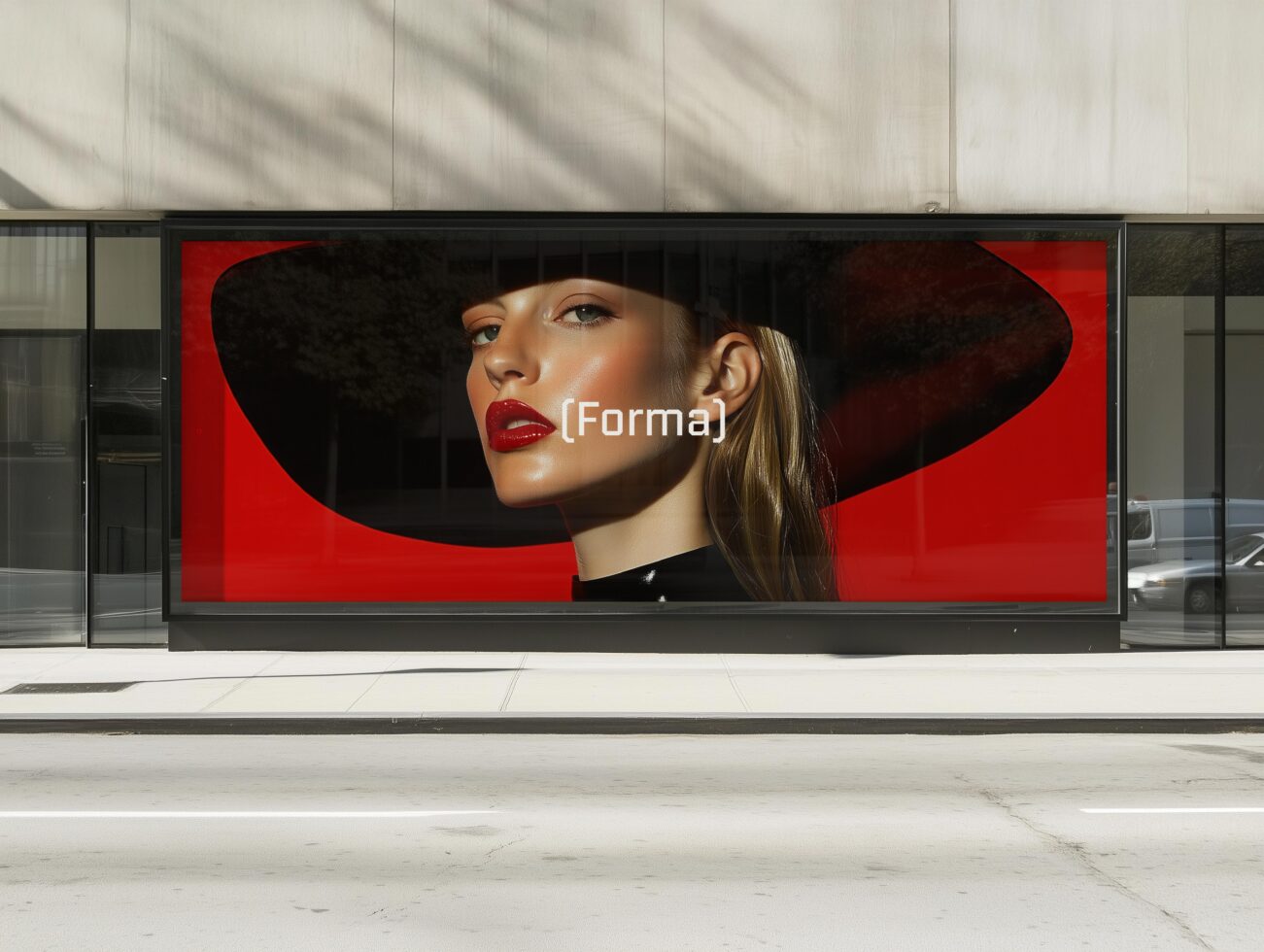 Large street billboard mockup showcasing a fashion advertisement with bold red and black colors perfect for graphic designers branding projects.