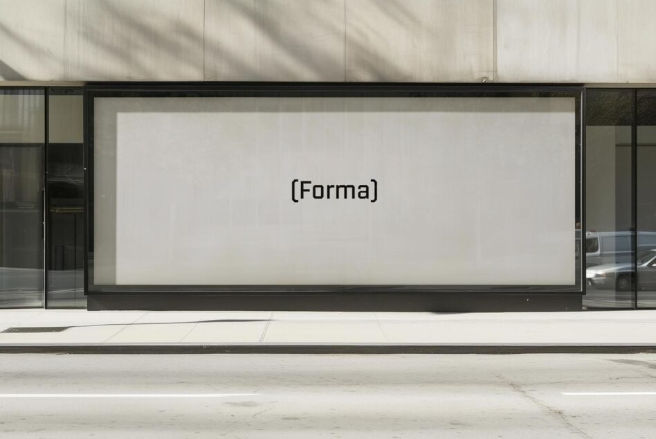 Storefront mockup with large glass window displaying the word Forma in minimalist black font. Perfect for designers seeking modern presentation templates.