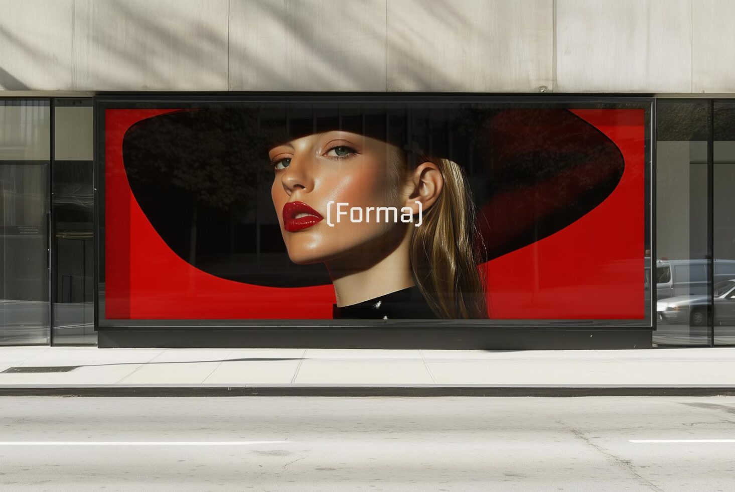 Fashion ad mockup on urban storefront with elegant model in a large hat, bold red backdrop. Use for cosmetics, branding, and billboard design.