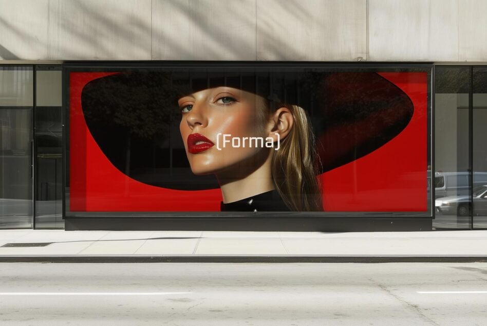 Fashion ad mockup on urban storefront with elegant model in a large hat, bold red backdrop. Use for cosmetics, branding, and billboard design.