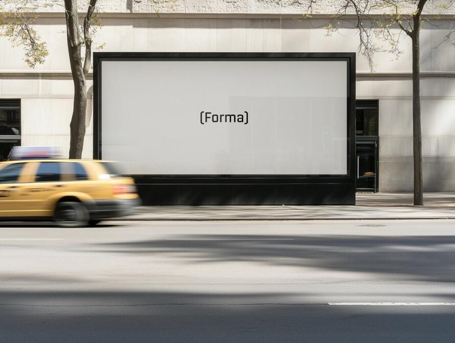 Large blank billboard mockup on storefront with yellow taxi passing by