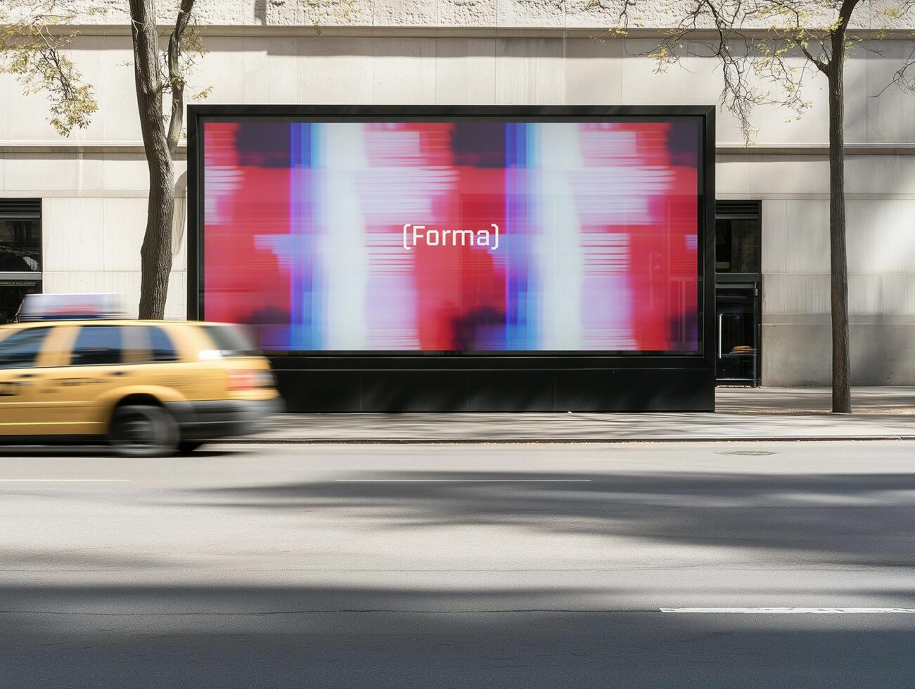 Modern city billboard mockup with blurred abstract art, ideal for designers seeking urban advertising graphics. Showcase vibrant display templates.