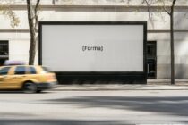Wide outdoor billboard blank space on modern street with vehicle motion