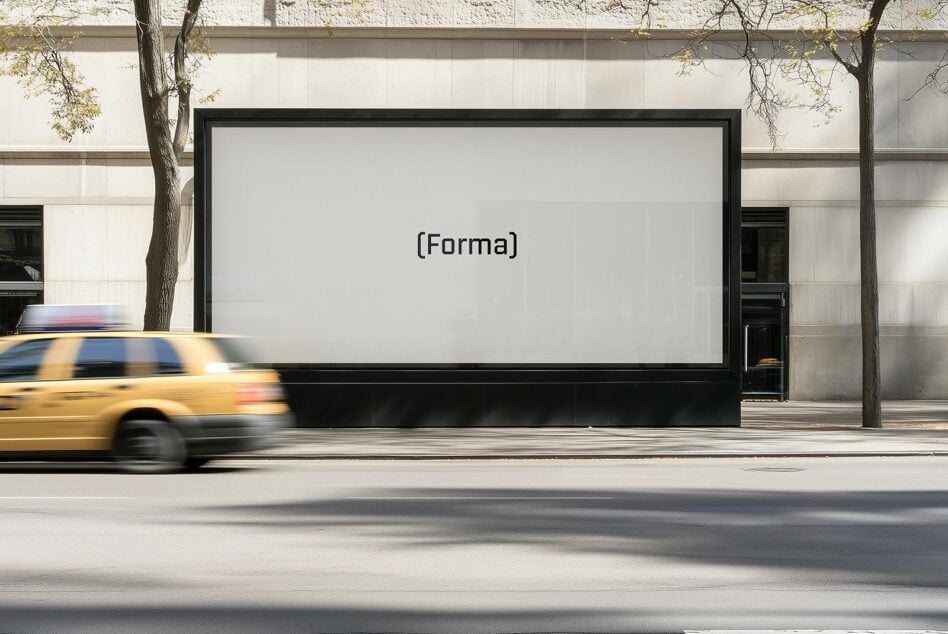 Wide outdoor billboard blank space on modern street with vehicle motion