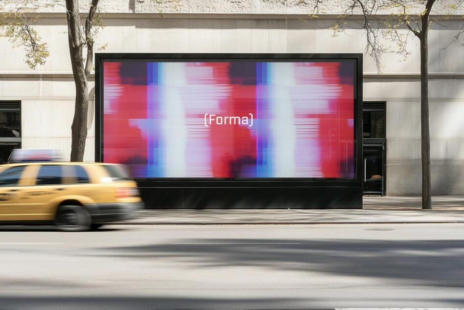 Horizontal LED screen showing pixelated neon glitch effect on building