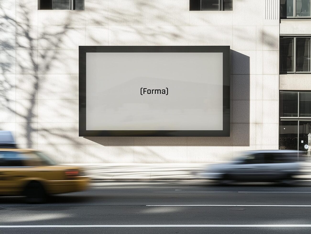 City billboard mockup on a modern building facade with automobiles passing by, ideal for designers seeking realistic outdoor advertising templates.