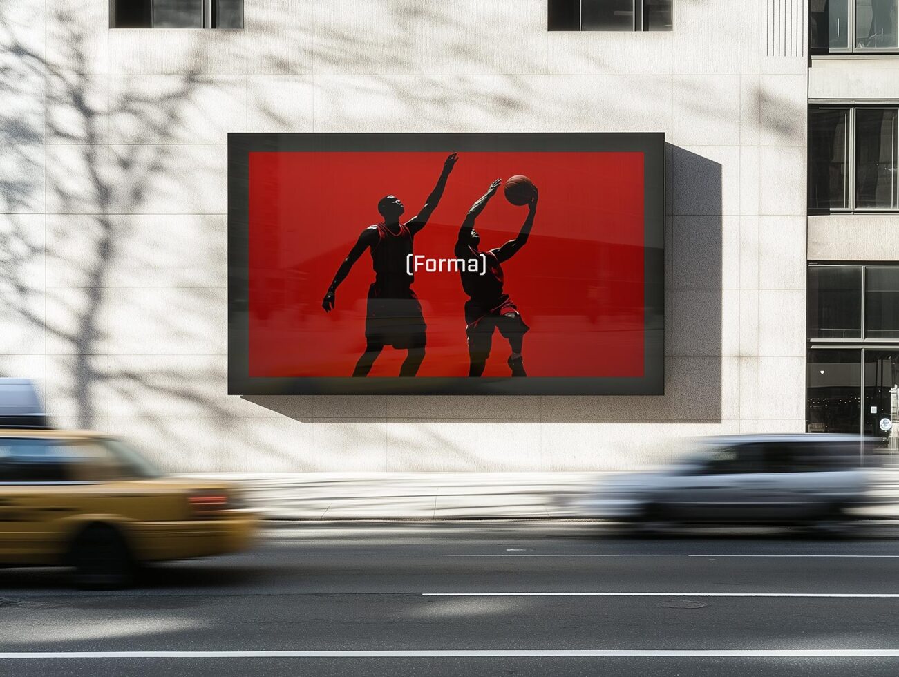 Outdoor billboard mockup displaying a basketball graphic on a building wall with passing cars, ideal for designers, advertising, urban marketing visuals