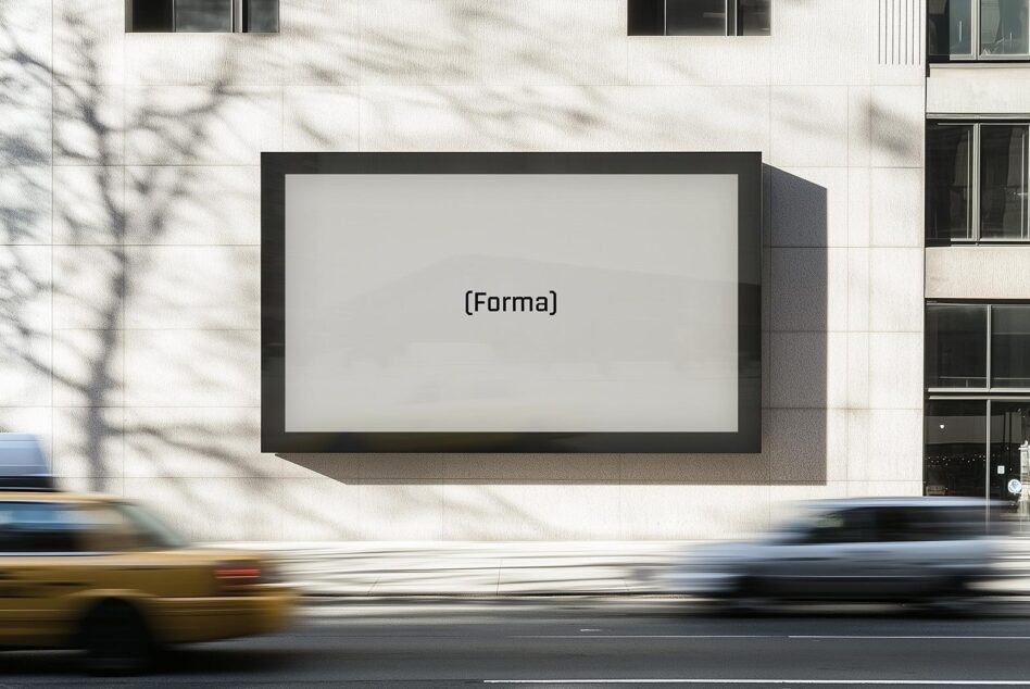 Large horizontal billboard mockup mounted on white building facade with traffic passing by