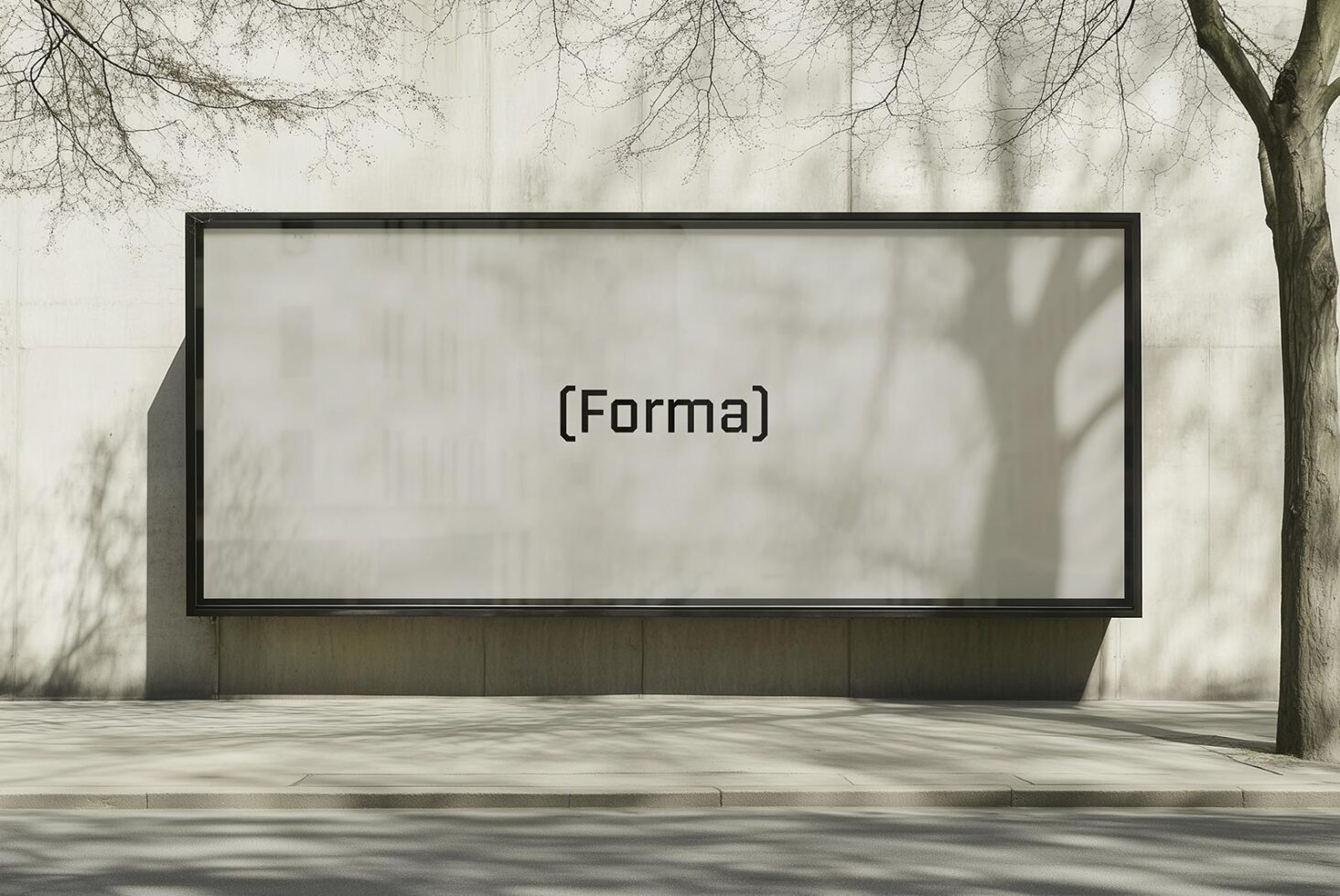 Modern city billboard mockup on blank urban wall surrounded by tree shadows. Ideal for design presentations, advertising, templates and graphics.