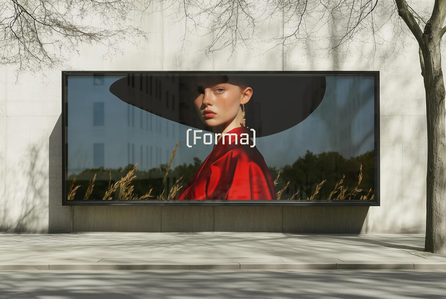 Billboard mockup featuring a fashion model in a red outfit and wide-brimmed hat against a natural background. Ideal for designers seeking classy graphics.