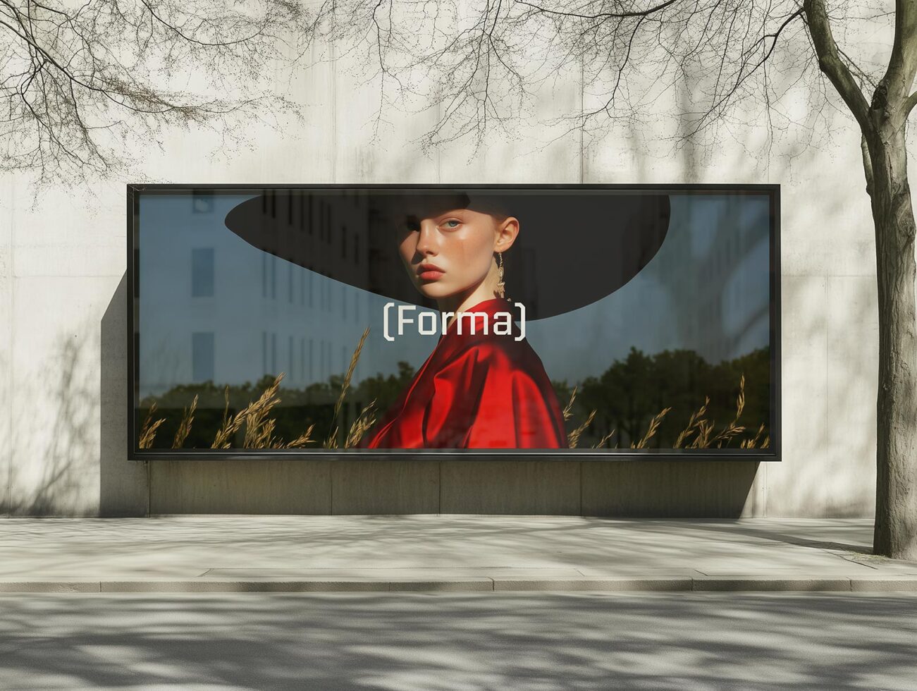 Outdoor billboard mockup features a fashion-themed poster with a stylish woman in a hat and red outfit, perfect for advertising and design projects.