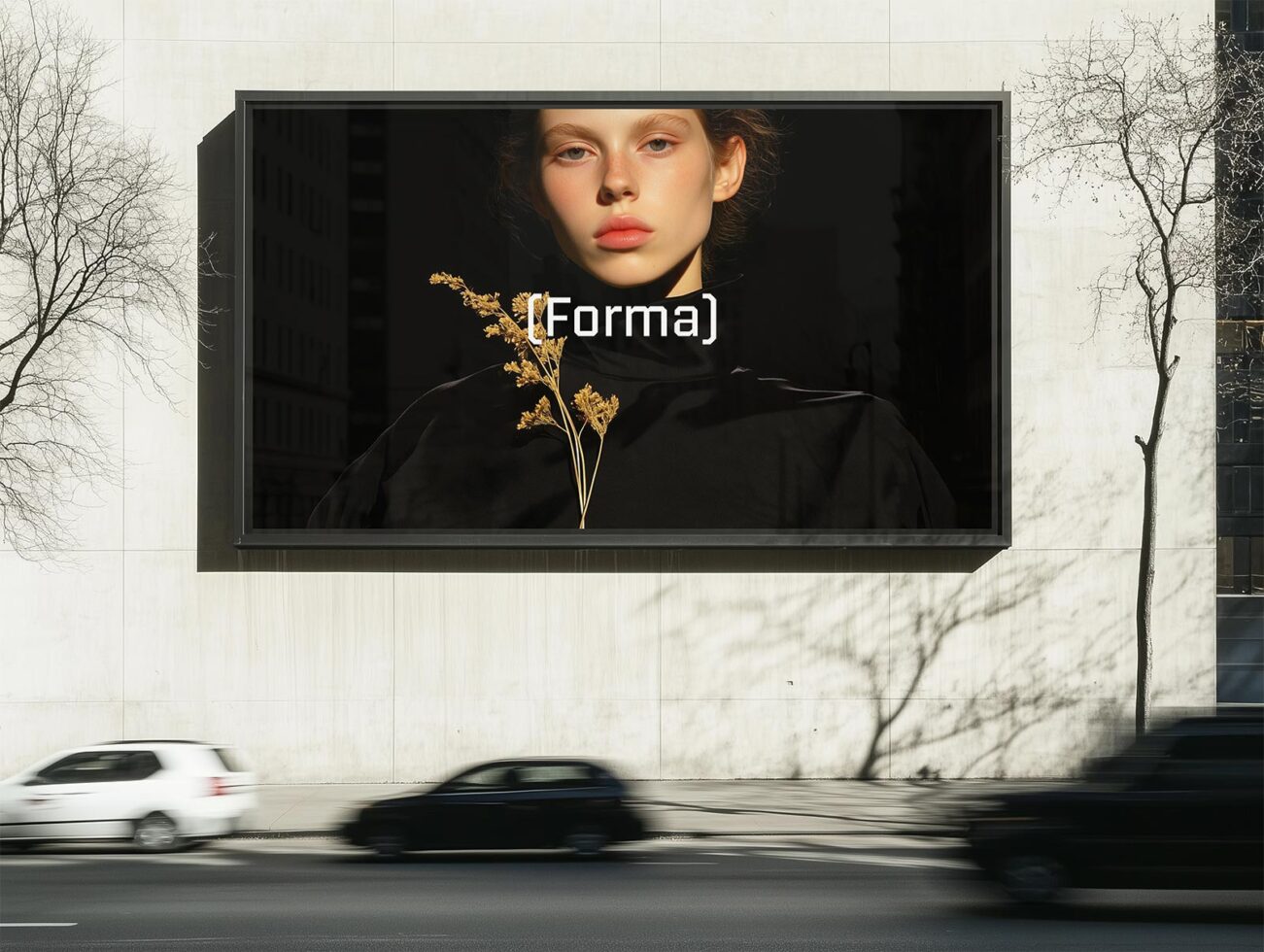 Billboard mockup featuring a minimalist design with a model in black attire and dried floral accent. Ideal for graphic designers and ad presentations.