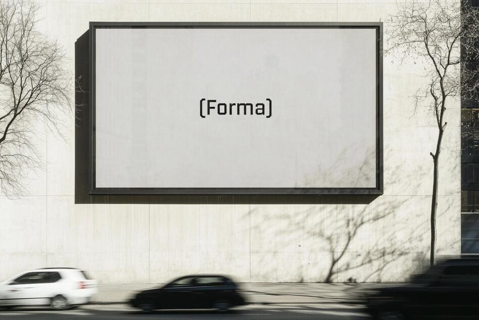 Large outdoor billboard mockup on white stone facade with passing cars
