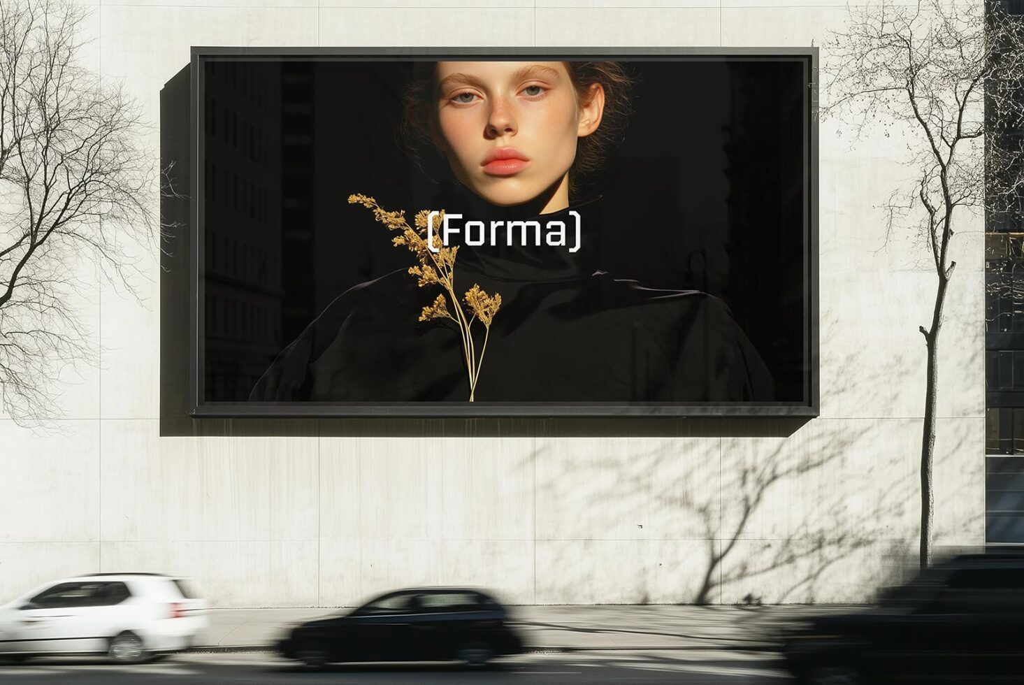 Billboard mockup featuring fashion portrait with minimalist text design. Urban setting with blurred cars, ideal for designers showcasing graphics.