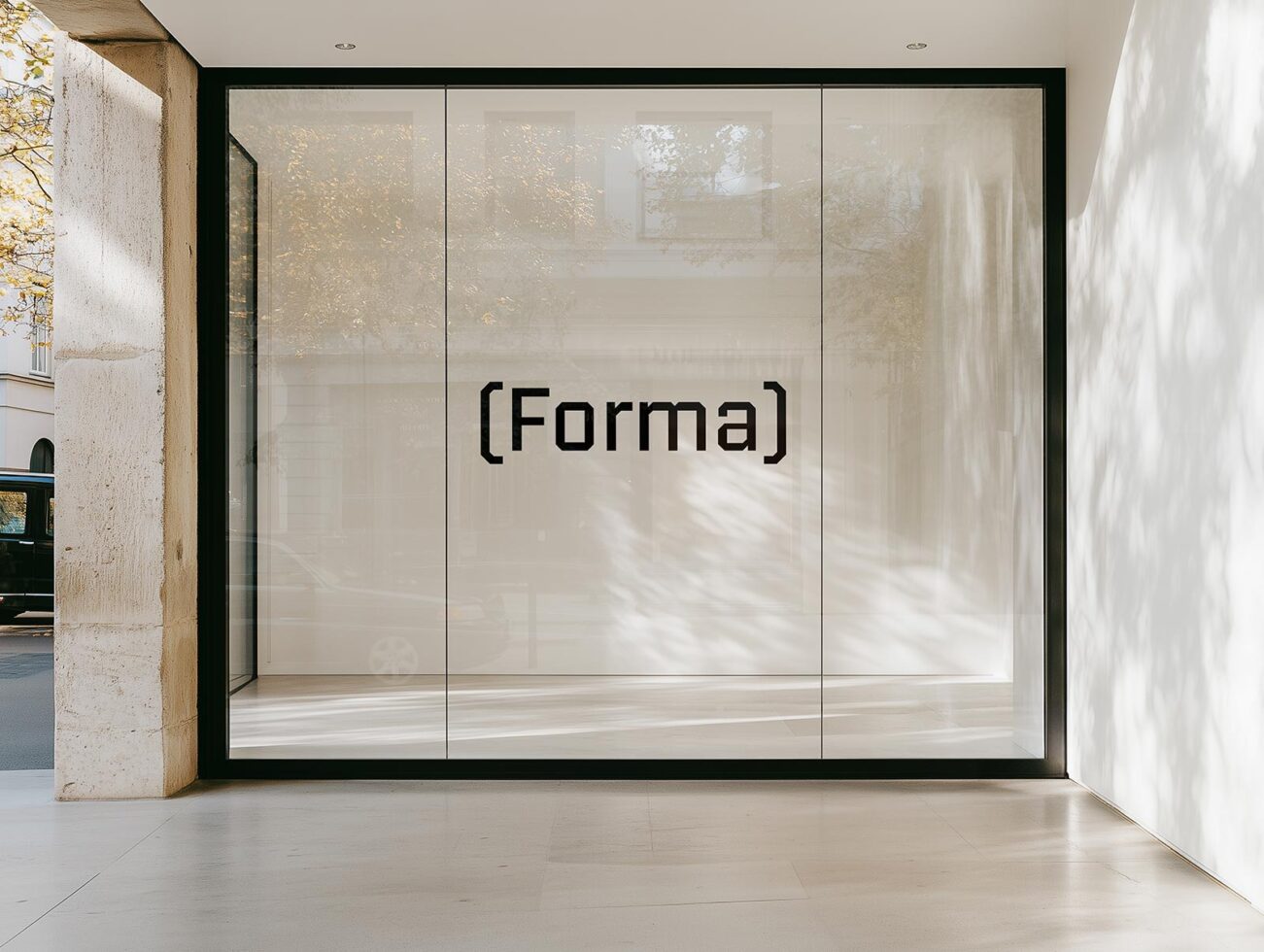 Modern glass storefront mockup featuring minimalist black text on glass. Ideal for designers seeking sleek urban presentation templates and graphics.