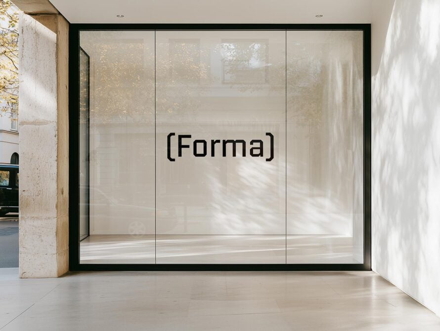 Modern glass storefront mockup featuring minimalist black text on glass. Ideal for designers seeking sleek urban presentation templates and graphics.