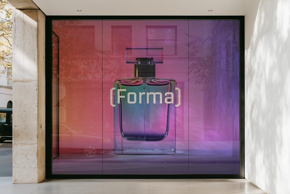 Perfume bottle mockup with a modern glass design behind a storefront window. Vibrant gradients and bold typography. Ideal for product presentation.