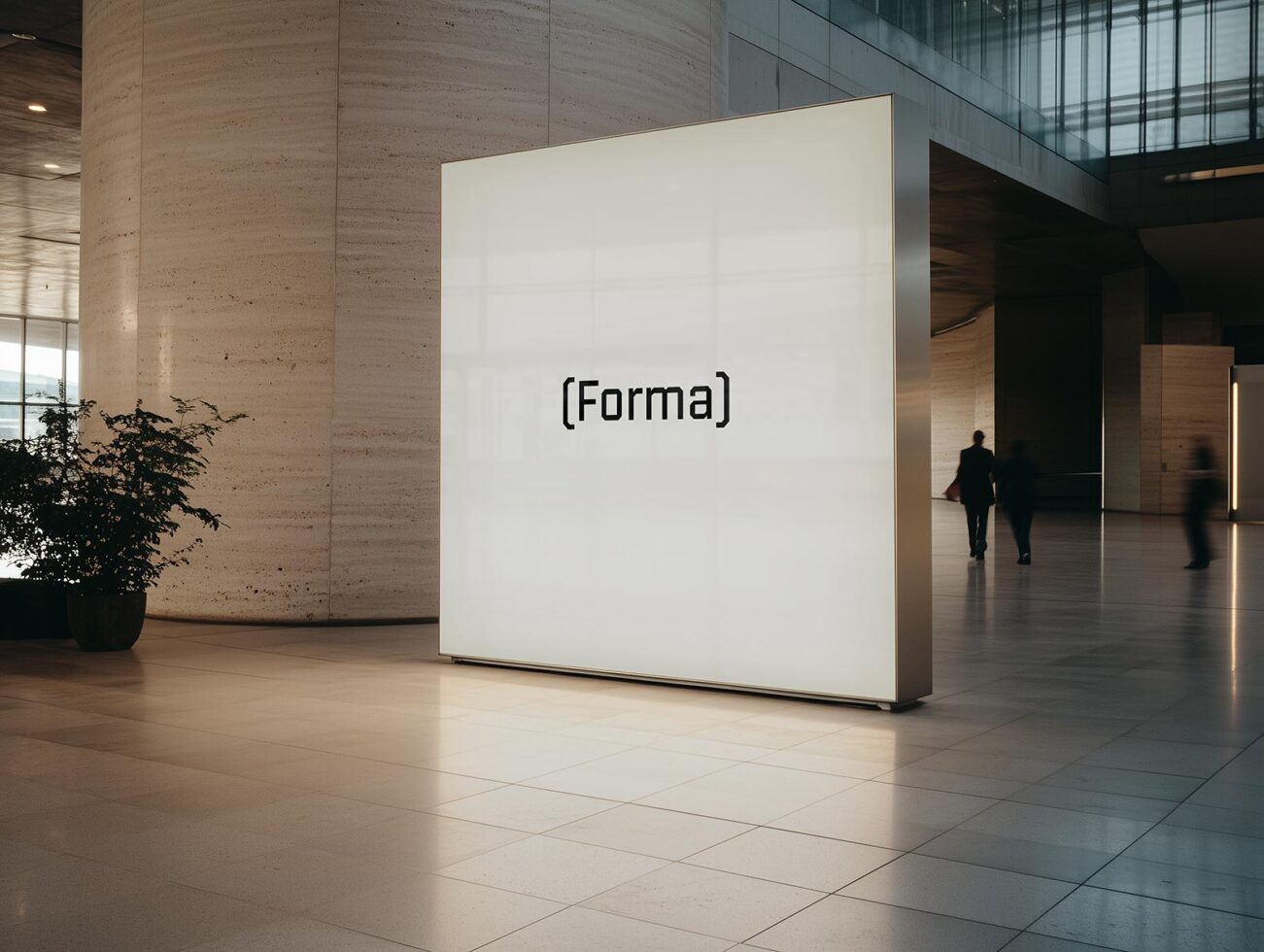 Modern office lobby with a large illuminated sign displaying the word Forma. High-quality interior design mockup for branding. Corporate environment.